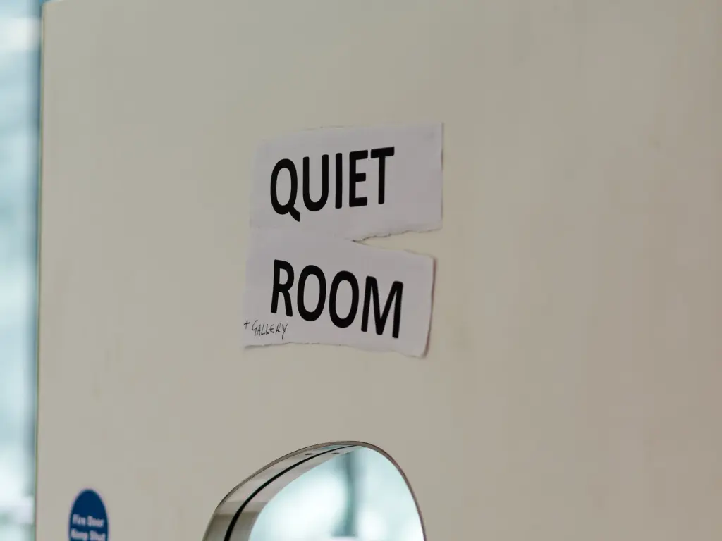 The hand-lettered "Quiet room" sign at Studio BRUT