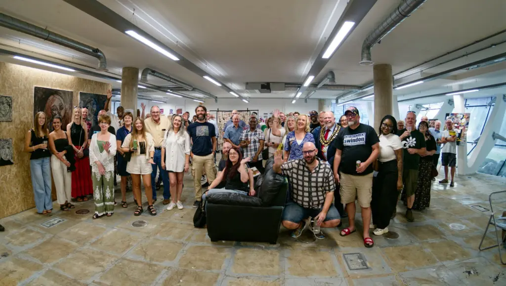 The full crowd at the Studio BRUT opening night, gathered together in the exhibition space