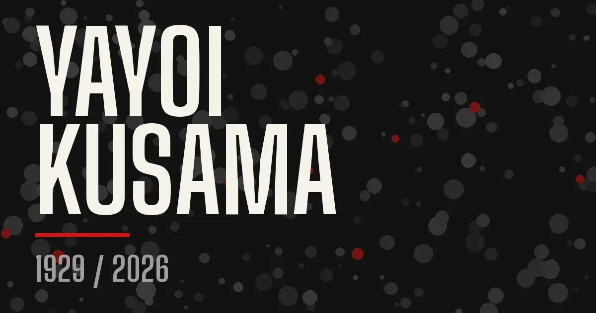 Yayoi Kusama, 1929 to 2026, in large type on a black polka dot background